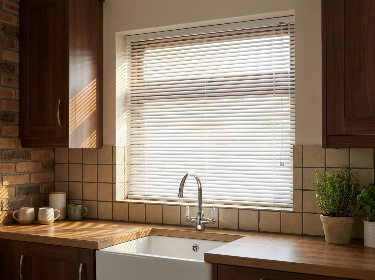 White 25mm aluminium venetian blind with slats tilted half-open over a Kuils River kitchen window above the sink