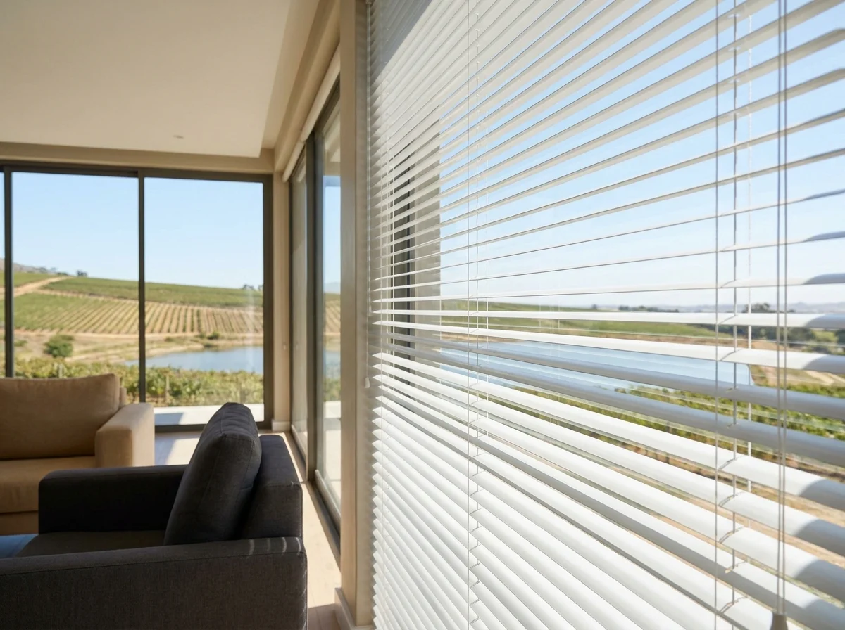 White aluminium venetian blind tilted open over a large window with a distant view of vineyard rows and dam water, in a modern security-estate home near Zevenwacht, Kuils River