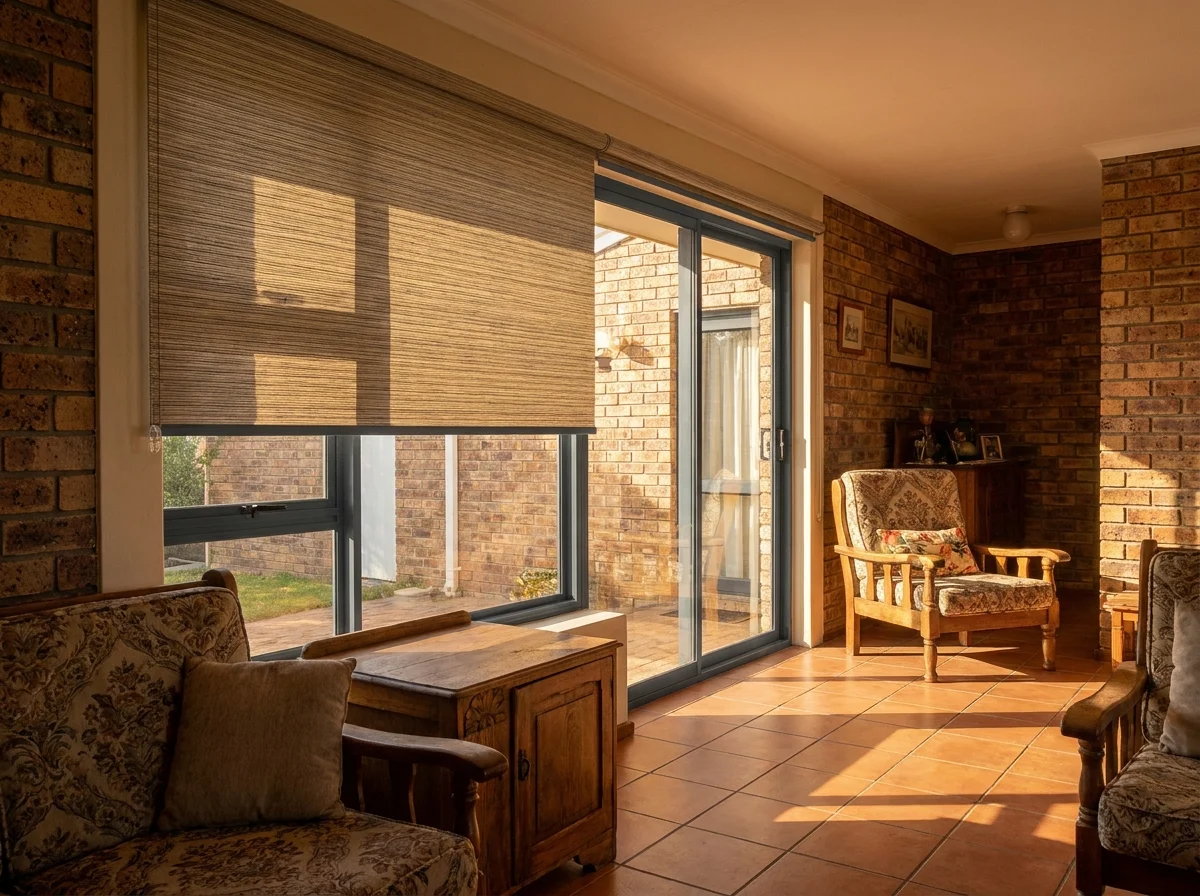 Flat blockout roller blind half-lowered over a lounge window in an established 1980s brick-and-tile Scottsville home, aluminium sliding window frame