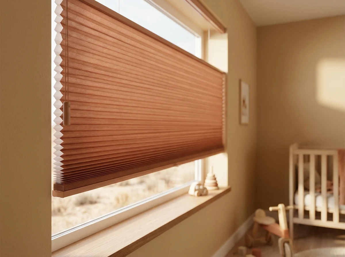 Cellular honeycomb blind in clay tone half-drawn over a bedroom window in a Kuils River family home, hexagonal cell structure visible at the fold