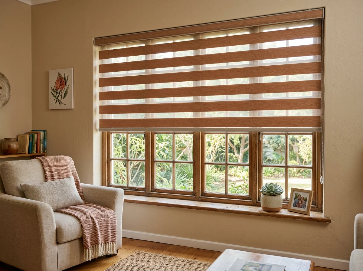 Day-night zebra blind with warm clay and sheer bands over a living room window in an established Amandelsig Kuils River family home