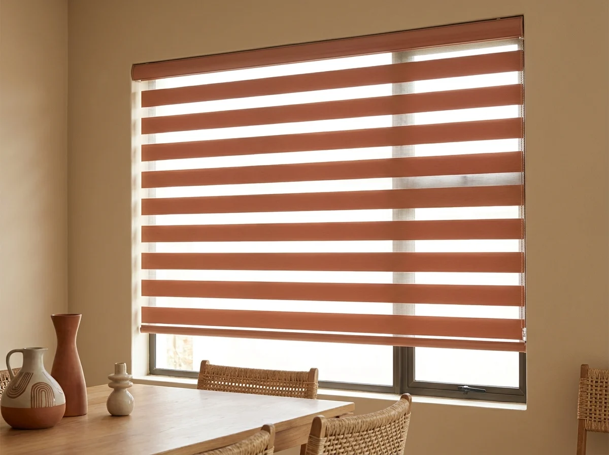 Day-night zebra blind with alternating sheer and solid clay-toned bands across a dining room window in a Kuils River family home