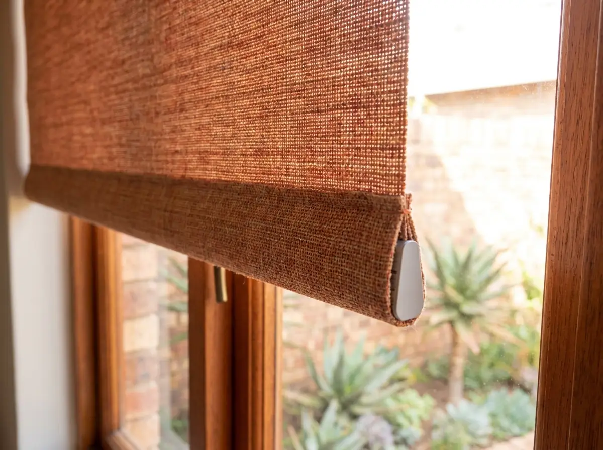 Close-up of a flat clay-orange roller blind fabric edge and bottom bar against a wooden window frame, garden aloes visible outside