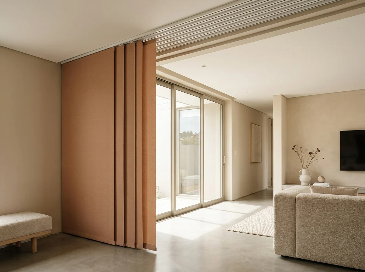 Wide clay-toned panel blinds sliding on a track beside a large glass sliding door in an open-plan Kuils River living room