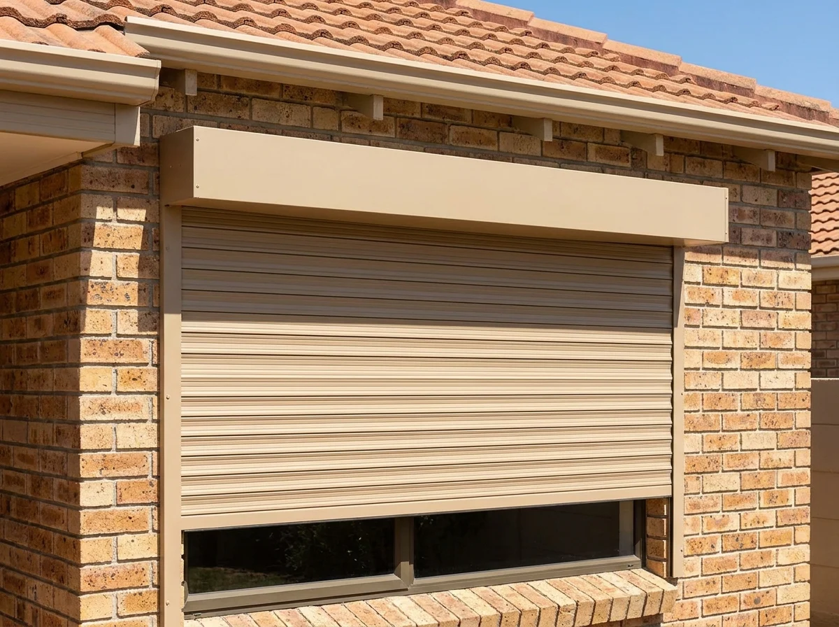 External aluminium roller shutter partly lowered from a headbox outside a brick-and-tile Kuils River home