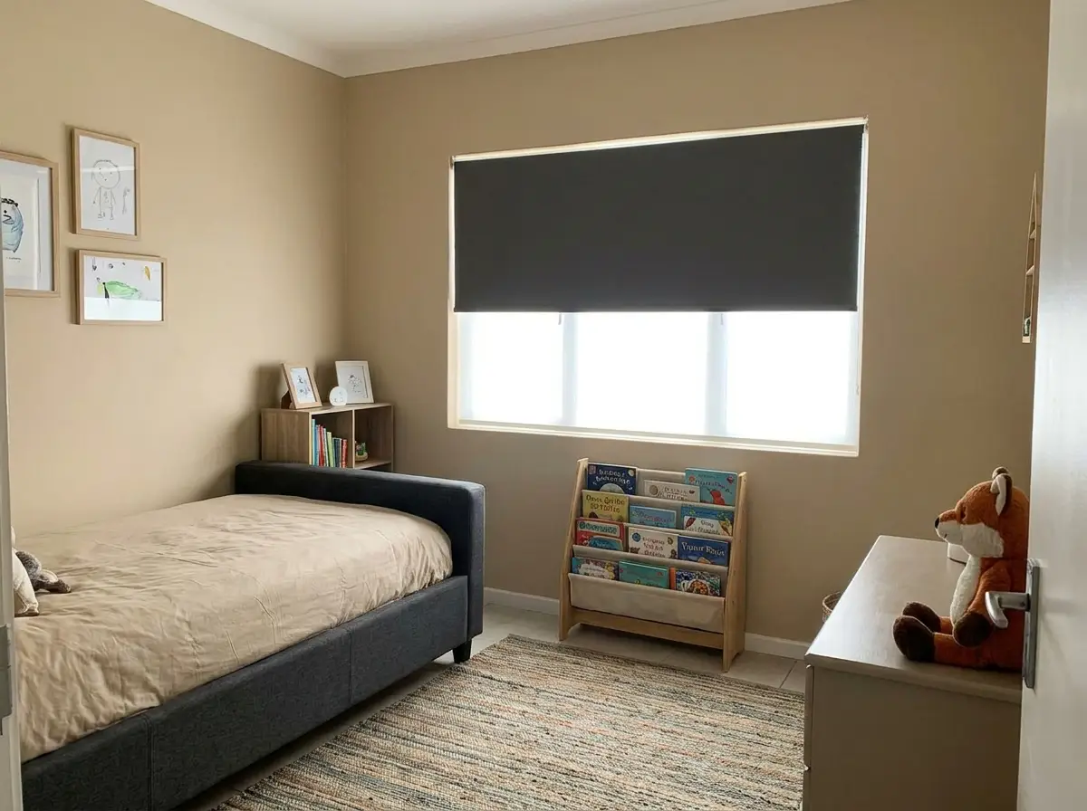 Child's bedroom in a Kuils River home with a flat charcoal blockout roller blind half-drawn over the window, navy bed and bookshelf