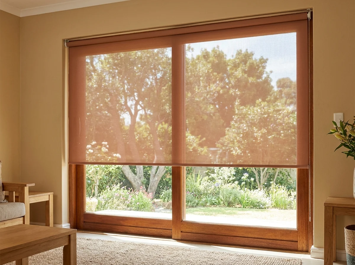 Flat sunscreen mesh roller blind in warm clay tone half-lowered over a window in an established Highbury home in Kuils River, garden visible through the mesh weave