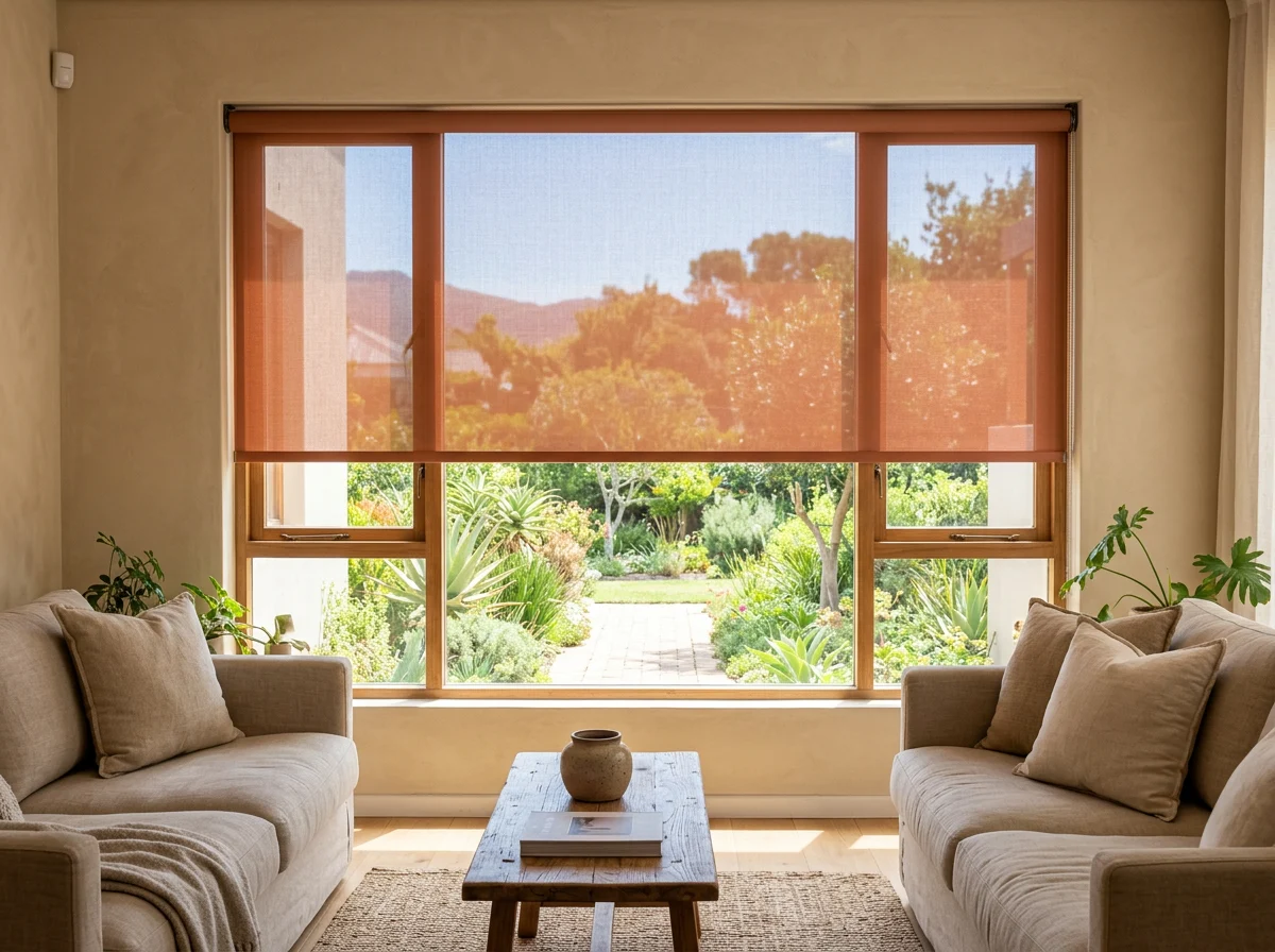 Flat sunscreen mesh roller blind in warm clay tone half-lowered over a lounge window, garden still visible through the weave, in a Kuils River family home